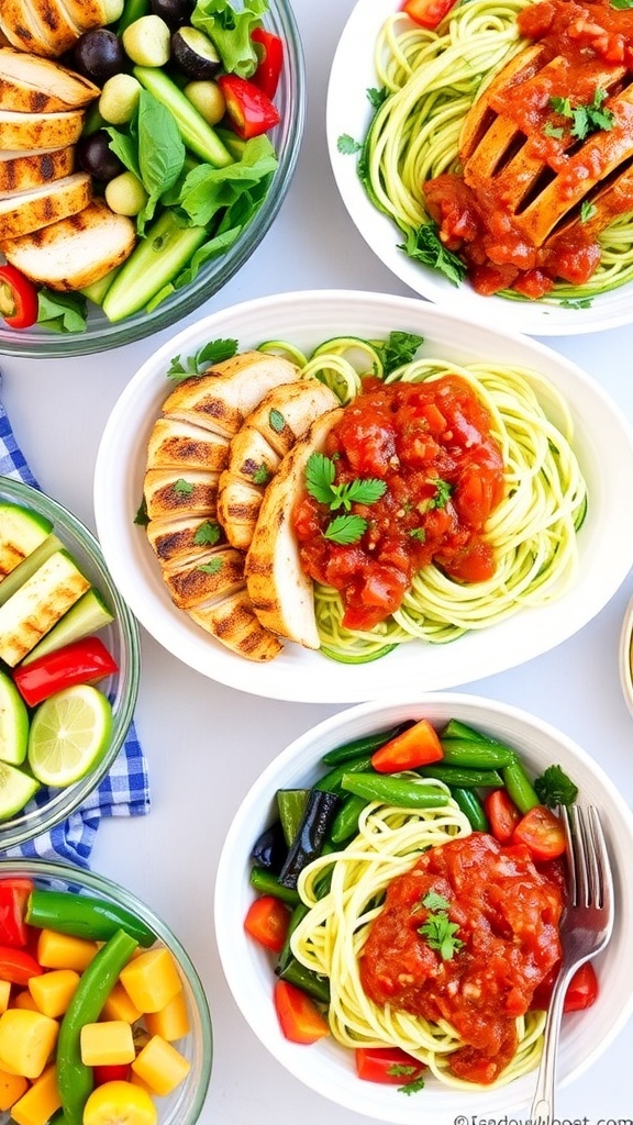 A variety of low carb meals displayed on a table, featuring salads, grilled meats, and fresh vegetables.